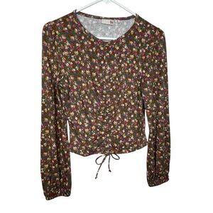 So Floral Ruched Front Crop Top Junior's M Multicolor Balloon Sleeve Boho Fairy